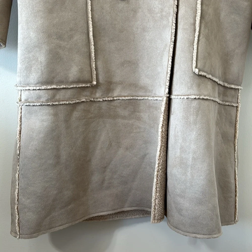 ZARA Contrasting Fleece Suede Long Coat Size Large - Picture 8 of 14